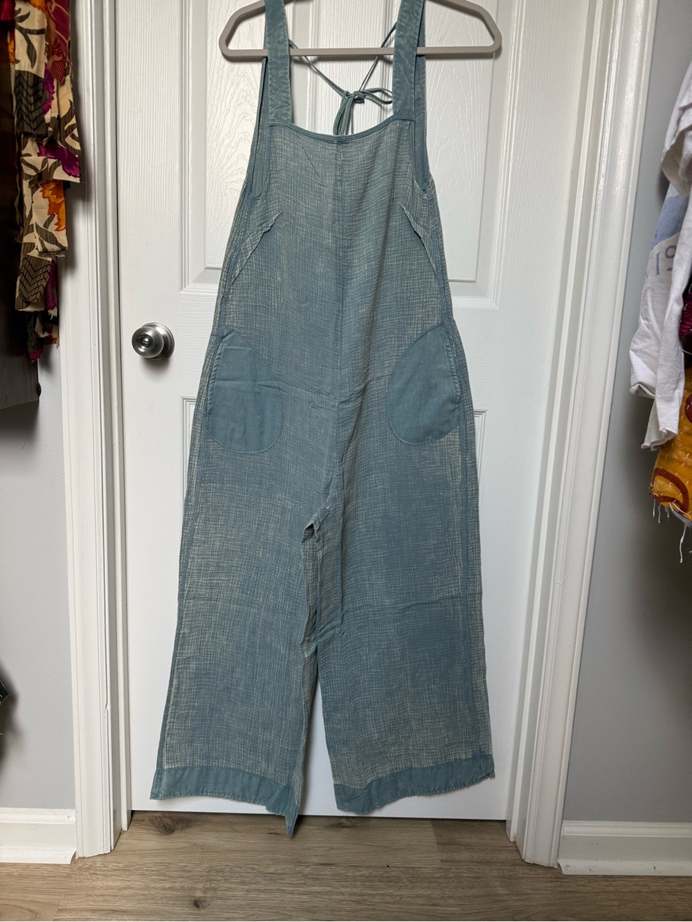 NWOT Zenana Outfitters Washed Blue Cotton-Linen Wide-Leg Overalls - Picture 6 of 8